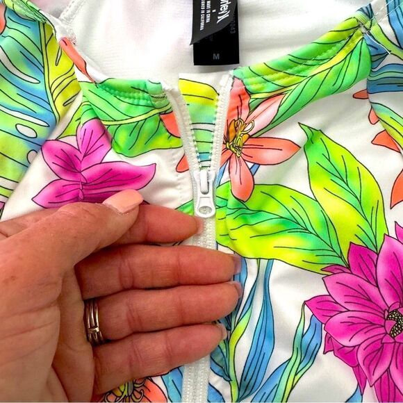 Hurley (NWT) Vibrant Pink, Green &Blue Floral Long Sleeve Swimsuit/ Rashguard-M - Picture 8 of 11